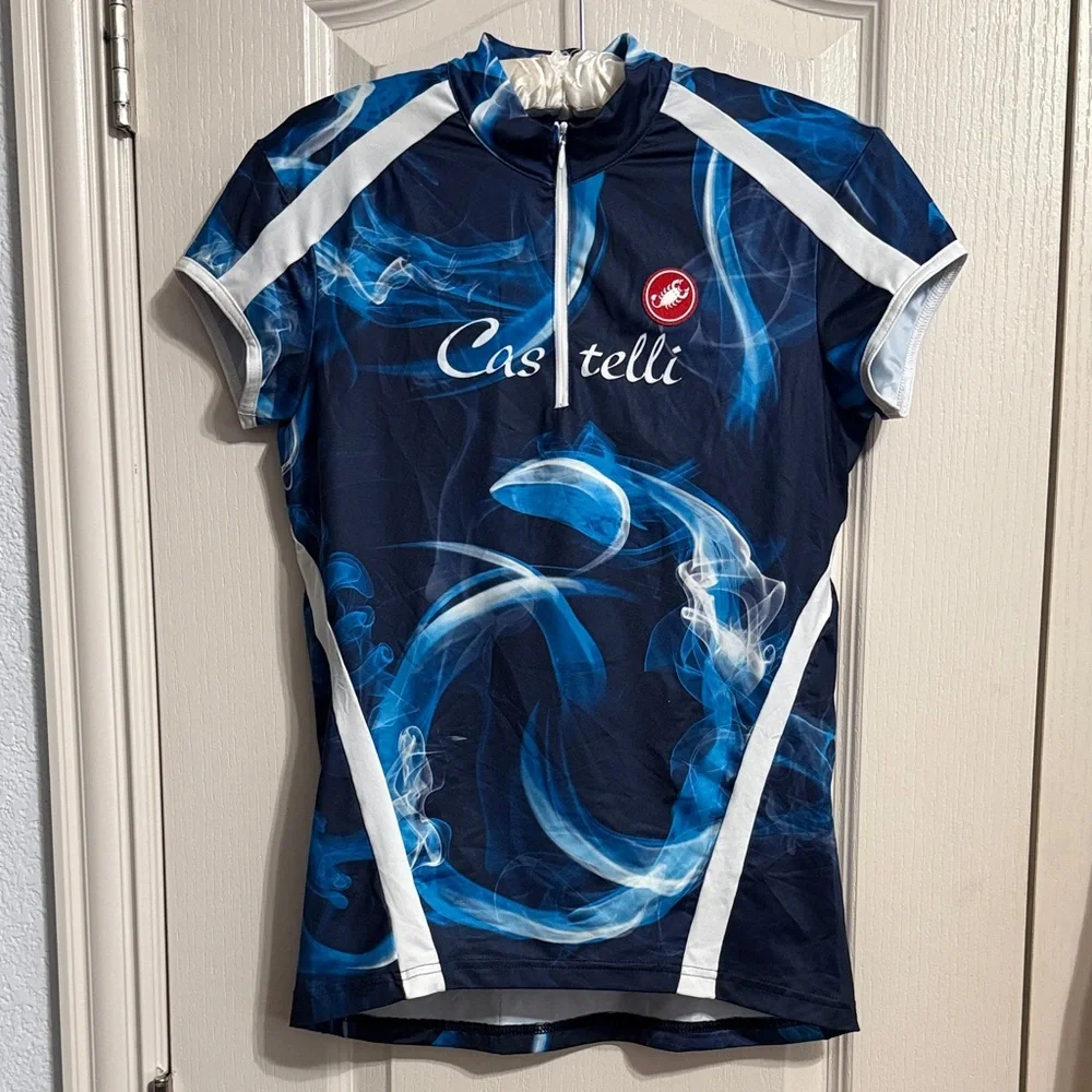 💙 Castelli Fumo Blue‎ Short Sleeve Bike Jersey Cycling Half Zip Pockets